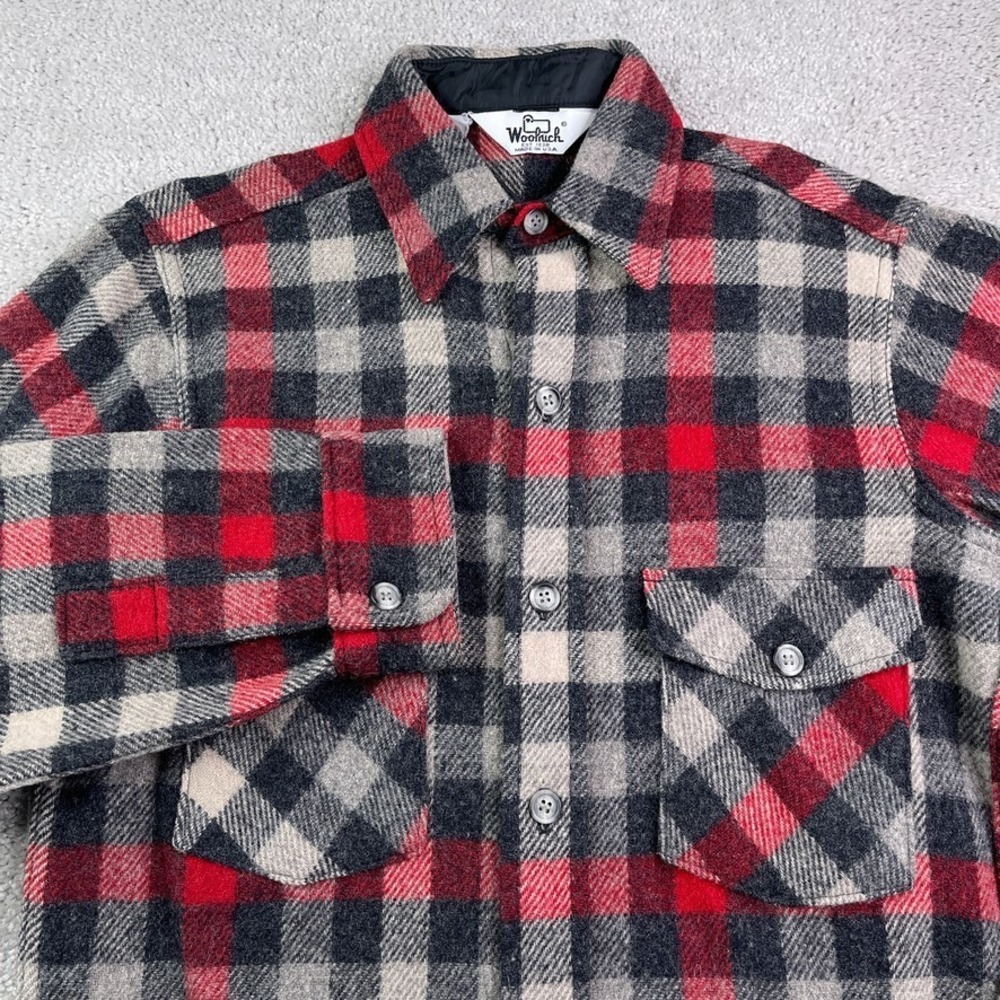 Vintage Woolrich Shirt Mens Small Grey Red Plaid Heavy Wool Hunting Lumberjack